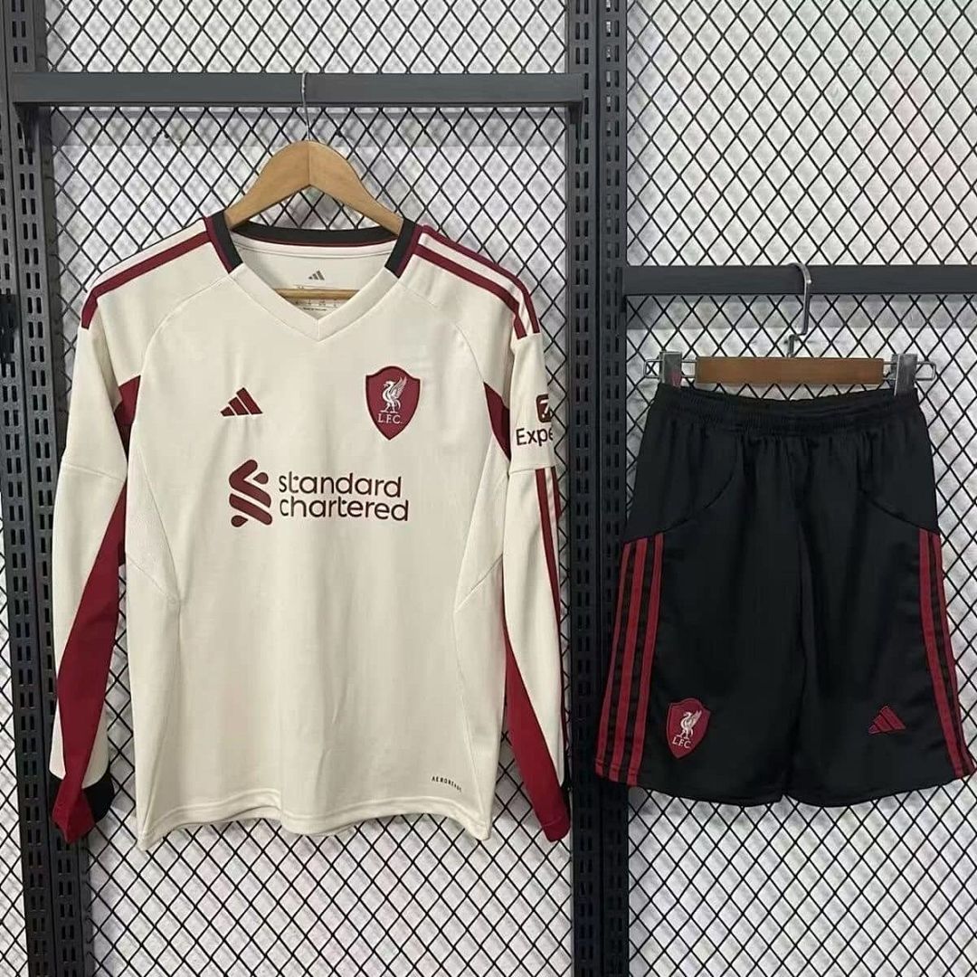 25-26 Kids Liverpool Away Long Sleeve Kit Cheap Football Jersey Wholesale Yupoo