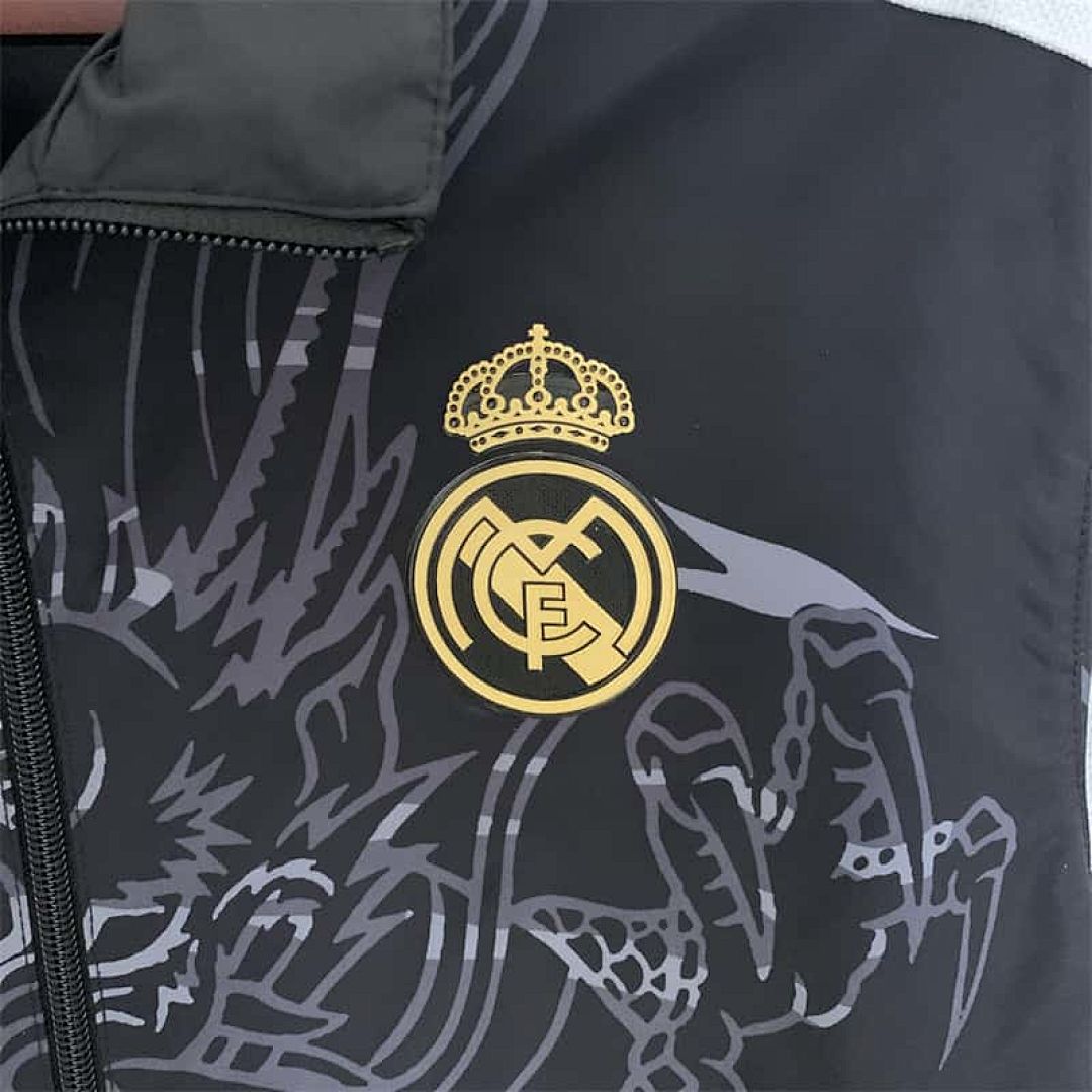 23-24 Real Madrid Trench Coat Reversible Dragon Windbreaker Black 12