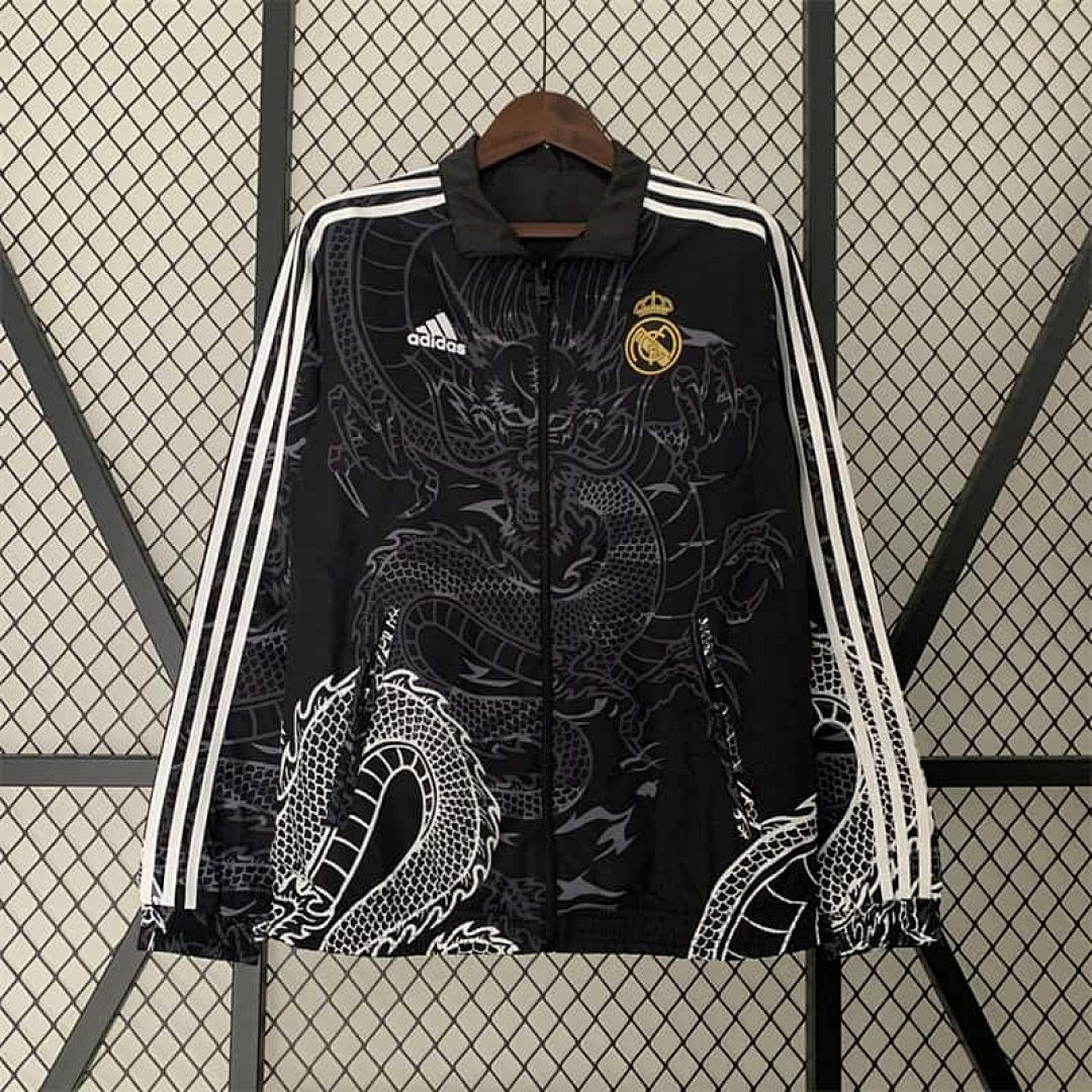 23-24 Real Madrid Trench Coat Reversible Dragon Windbreaker Black 15