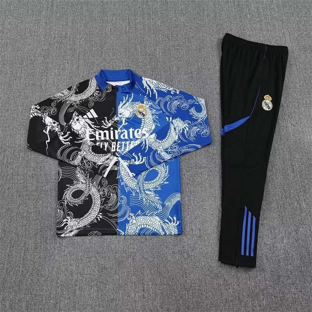 25-26 Real Madrid Black&amp;Blue Dragon Training Kits Long Football Tracksuits 3