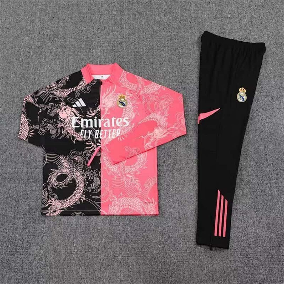 25-26 Real Madrid Black&amp;Pink Dragon Training Kits Long Football Tracksuits 3