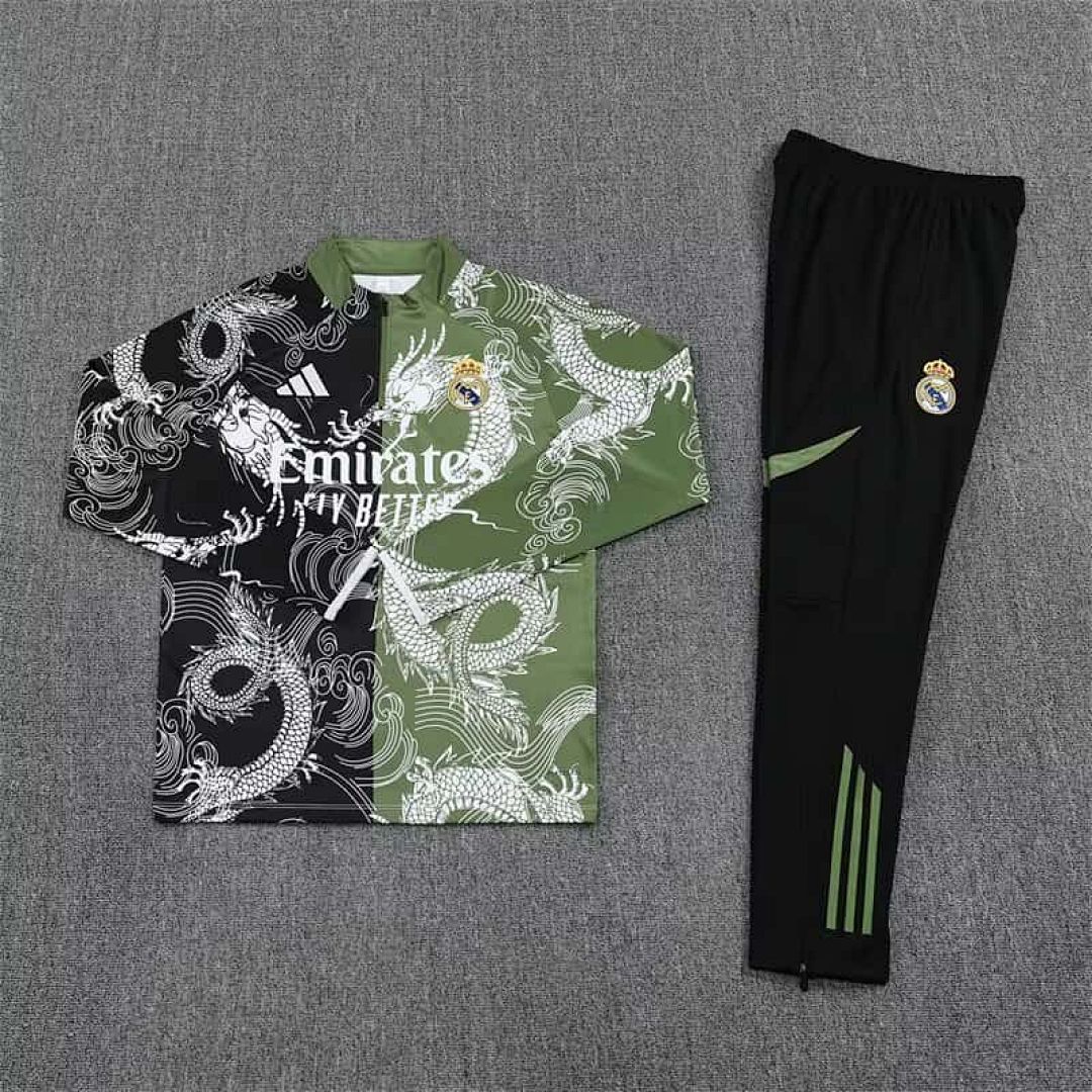 25-26 Real Madrid Green&amp;Black Dragon Training Kits Long Football Tracksuits 3