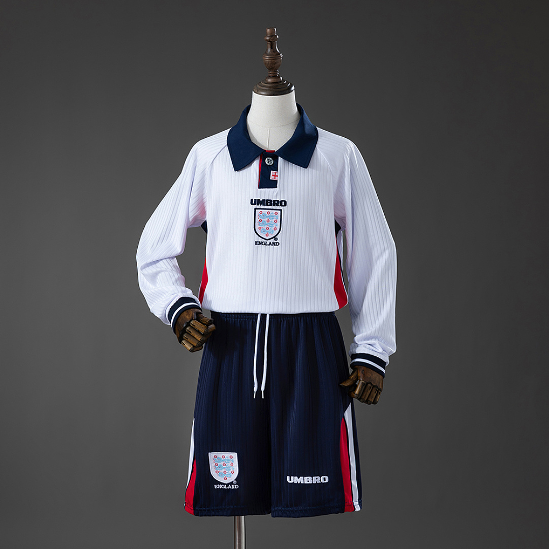 England 1998 Home Retro Long-Sleeved Kids Kit Jersey Size 16-28 3
