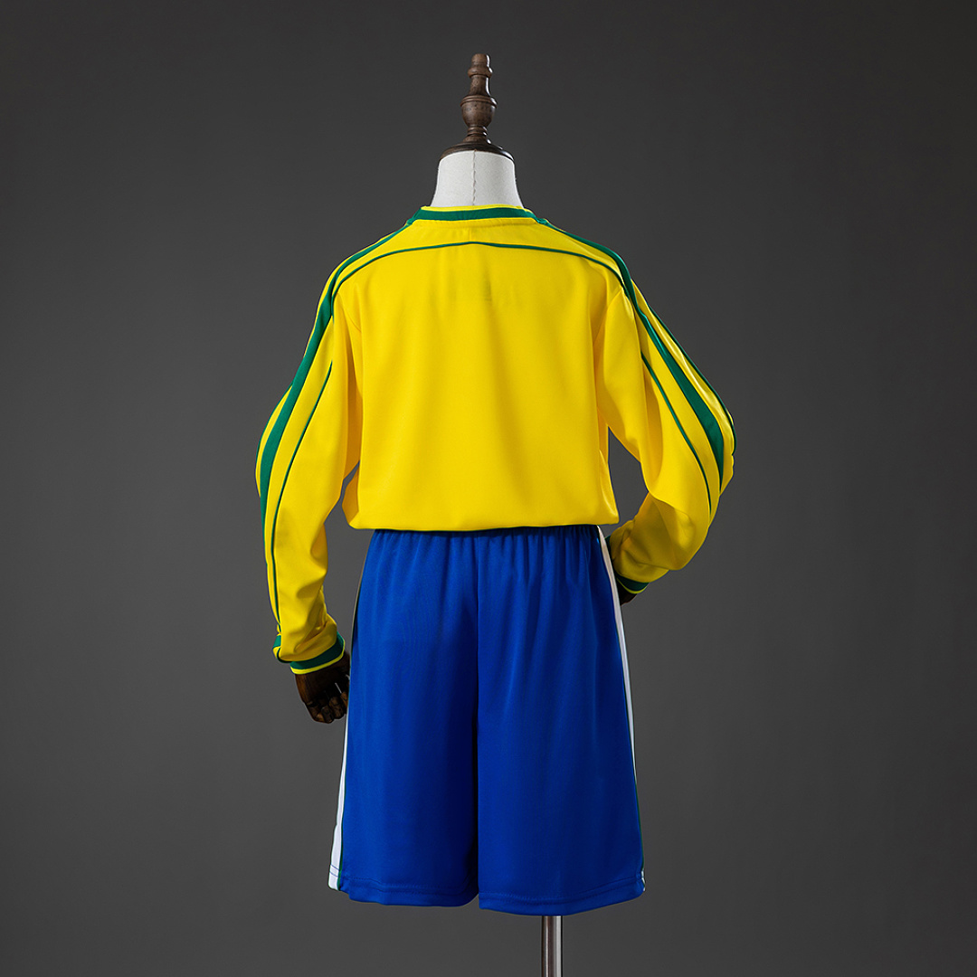 Brazil 1998 Home Retro Long Sleeve Kids Kit Jersey Size 16-28 2
