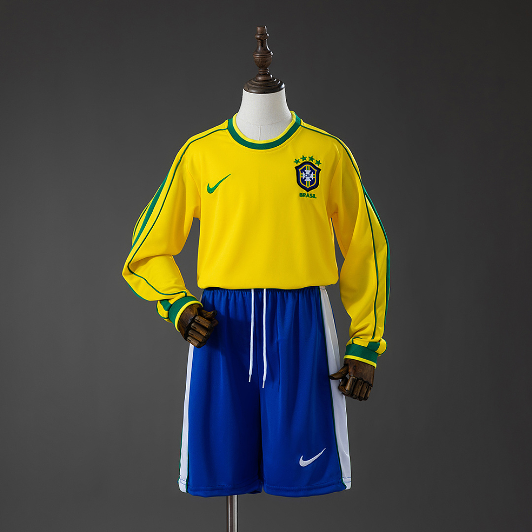 Brazil 1998 Home Retro Long Sleeve Kids Kit Jersey Size 16-28 3