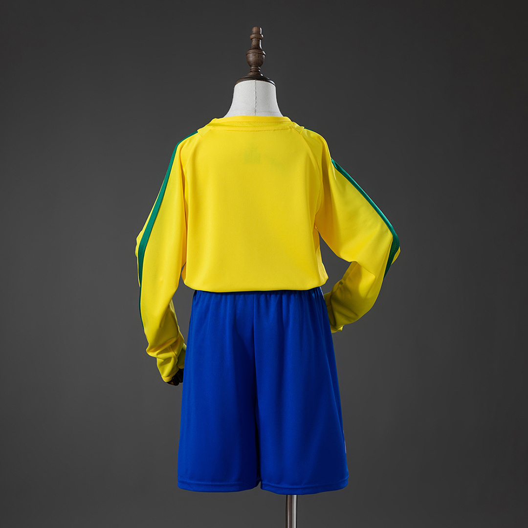 Brazil 2002 Home Retro Long Sleeve Kids Kit Jersey SIZE 16-28 2