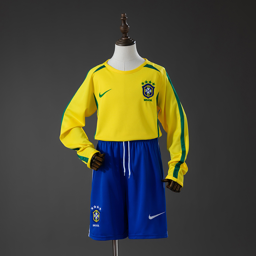 Brazil 2002 Home Retro Long Sleeve Kids Kit Jersey SIZE 16-28 3