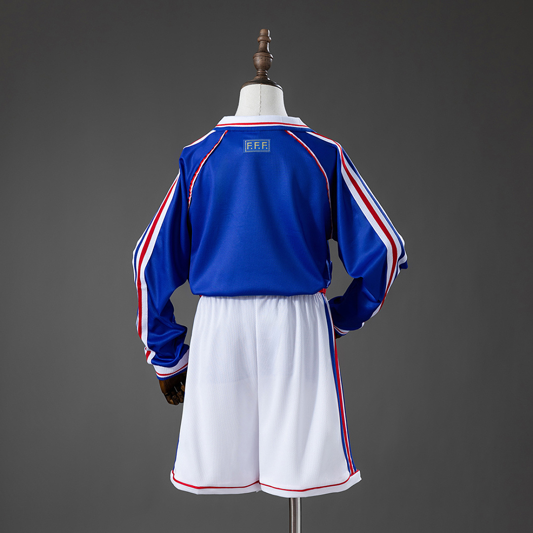 France 1998 Home Retro Long Sleeve Kids Kit Jersey Size 16-28 2
