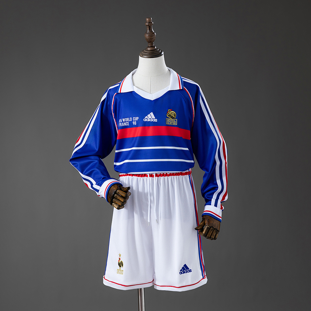 France 1998 Home Retro Long Sleeve Kids Kit Jersey Size 16-28 3