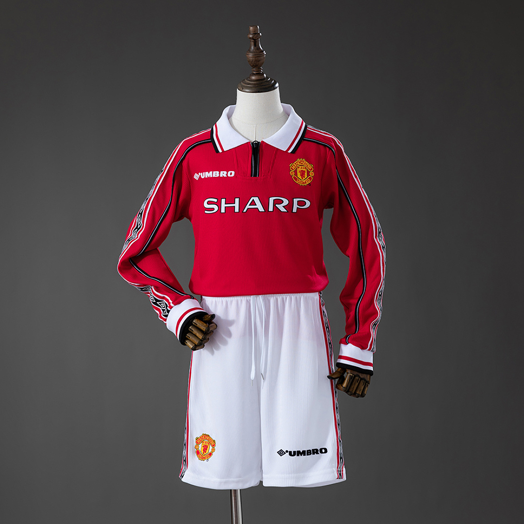 M-U 98/99 Home Retro Long Sleeve Kids Kit Jersey SIZE 16-28 3
