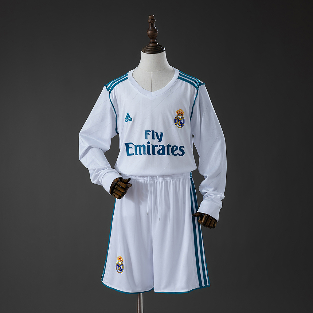 Real Madrid 17/18 Home Retro Long Sleeve Kids Kit Jersey Size 16-28 3